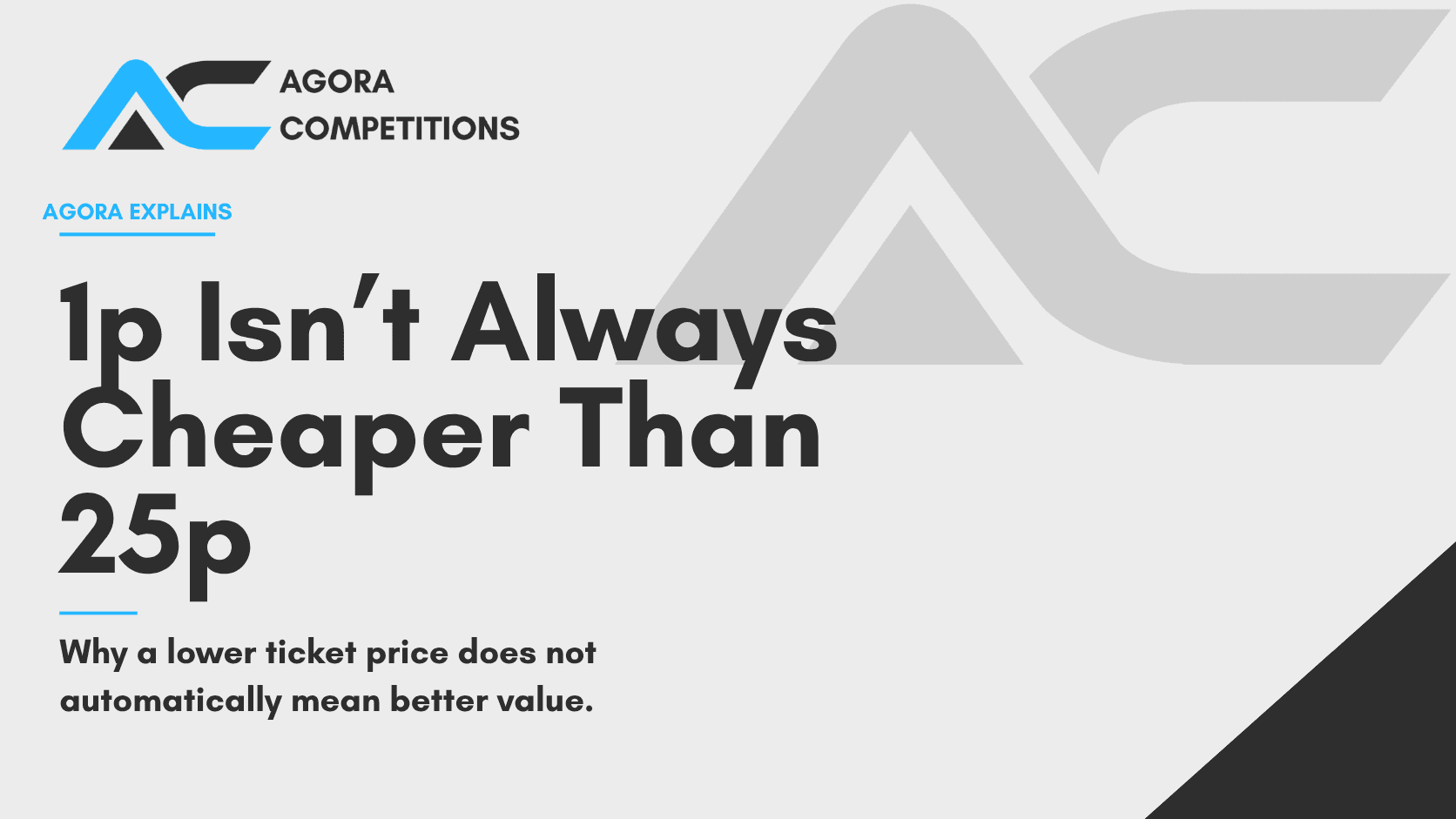 Two competition ticket prices, 1p and 25p, compared alongside different ticket pool sizes
